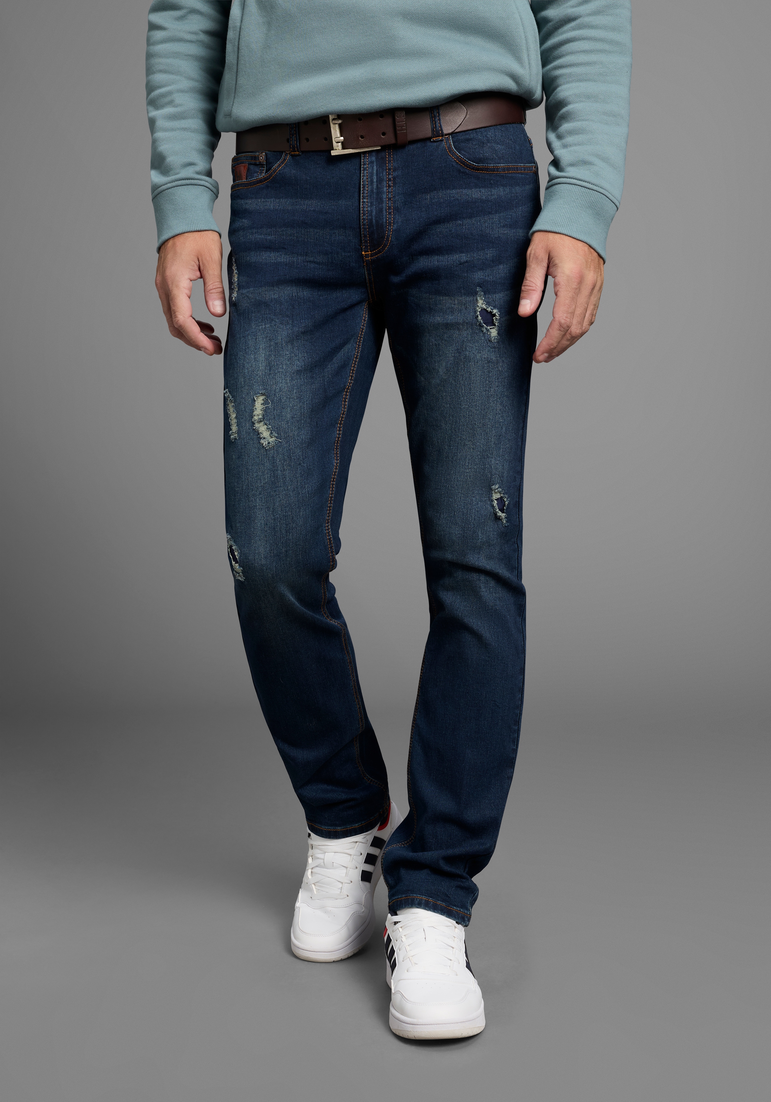 Straight-Jeans BRUNO BANANI "Hutch", Herren, Gr. 32, Länge 36, blau (blau dam.), Denim/Jeans, Obermaterial: 98% Baumwolle, 2% Elasthan, Destroyed-Effekte, normal lang, Jeans Straight-Jeans, gerade geschnittenes Bein, niedrige Leibhöhe, reguläre...