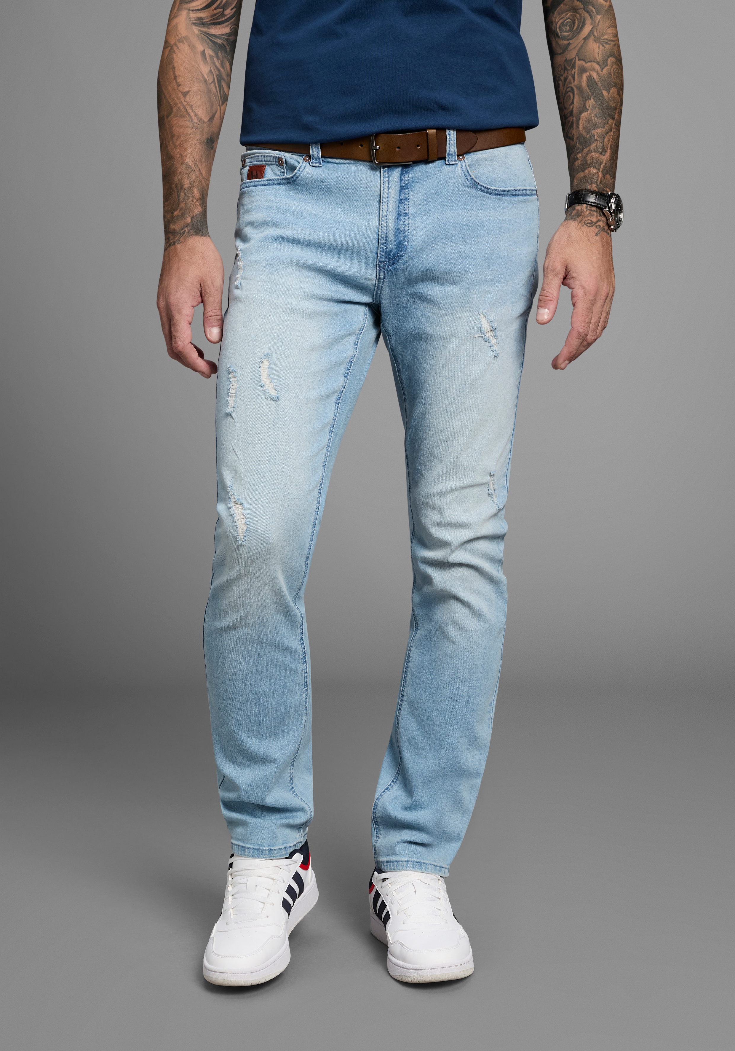 Straight-Jeans BRUNO BANANI "Hutch", Herren, Gr. 36, Länge 34, blau (l.blau dunkel), Denim/Jeans, Obermaterial: 98% Baumwolle, 2% Elasthan, Destroyed-Effekte, normal lang, Jeans Straight-Jeans, gerade geschnittenes Bein, niedrige Leibhöhe, reguläre...
