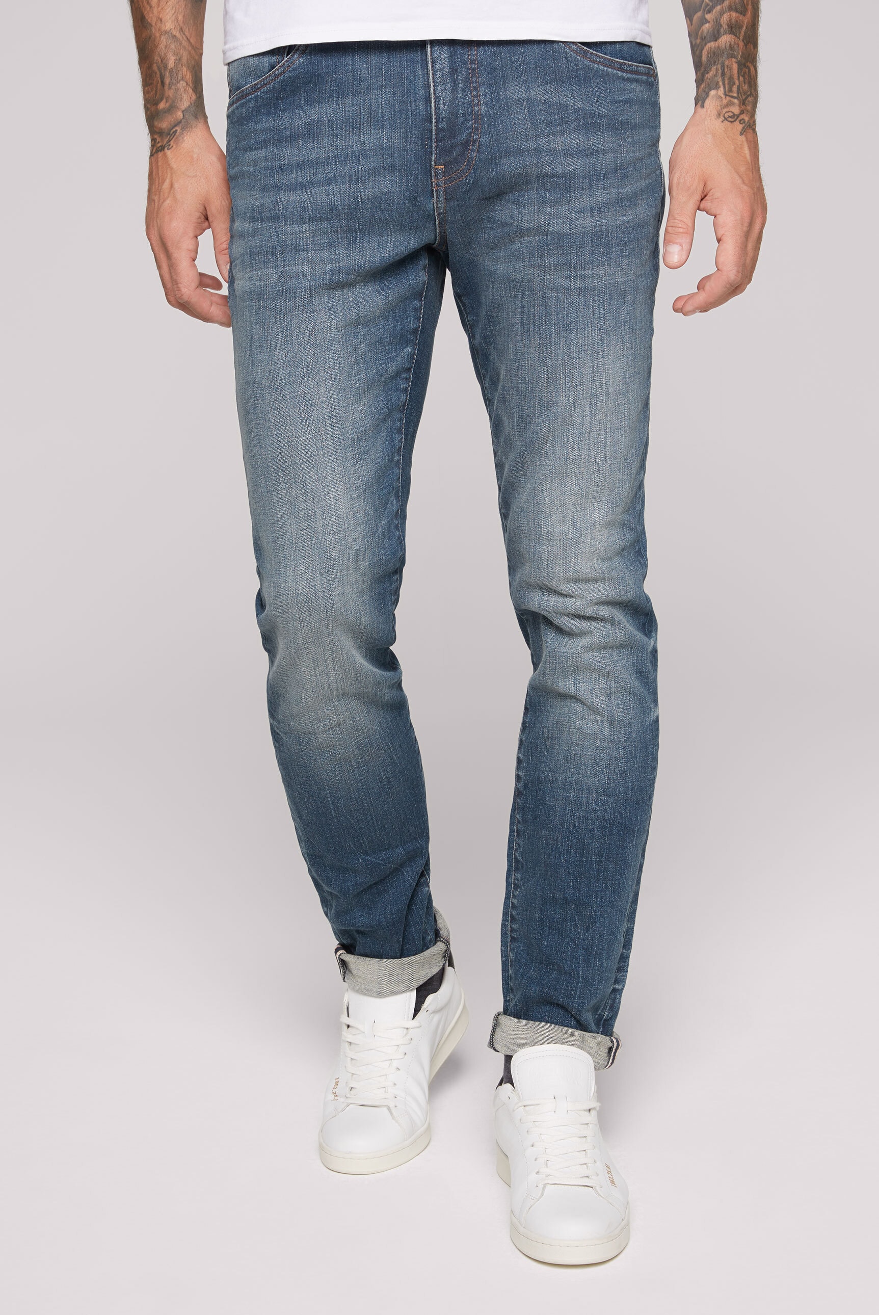 Regular-fit-Jeans CAMP DAVID, Herren, Gr. 30, Länge 34, blau (denim blau), Material: 99% Baumwolle, 1% Elasthan, Zusatz: Enthält nichttextile Teile tierischen Ursprungs (Badge), Abriebeffekte, regular fit, Jeans, mit hoher Leibhöhe