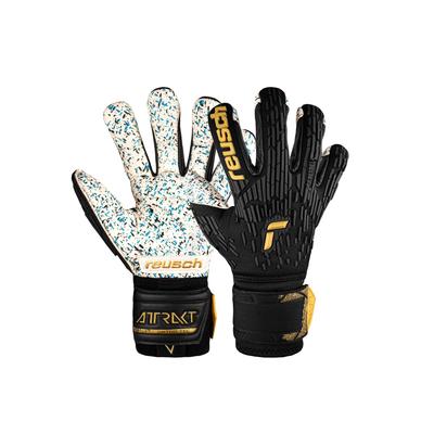Torwarthandschuhe REUSCH "Attrakt Freegel Fusion Ortho-Tec", Damen, Gr. 11, gold (schwarz, goldfarben), 59% Elastodien, 27% Polyamid, 9% Polyester, 5% Polypropylen, mehrfarbig, sportlich, Handschuhe, mit Evolution Negative Cut