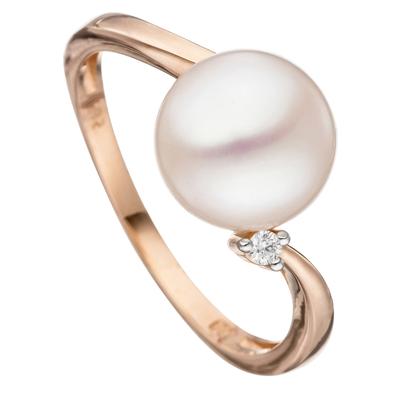 Perlenring JOBO "Ring mit Perle und Diamant" Gr. 54, rosa (roségold 585), Fingerringe, Damen, 54, SI = kleine Einschlüsse, Roségold 585-Diamanten-Perlen, Rosu00e9gold 585, Diamanten, Perlen, 585 Roségold Image