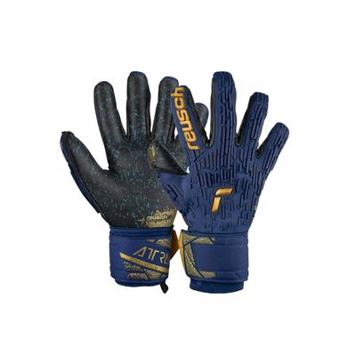 Torwarthandschuhe REUSCH "Attrakt Freegel Fusion Goaliator", Damen, Gr. 10,5, bunt (goldfarben, blau), 83% Elastodien, 13% Polyester, 4% Polyamid, mehrfarbig, sportlich, Handschuhe, mit Evolution Negative Cut