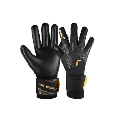 Torwarthandschuhe REUSCH "Pure Contact Infinity Junior", Kinder, Gr. 4, gold (schwarz, goldfarben), 48% Elastodien, 45% Polyester, 7% Polyamid, mehrfarbig, sportlich, Handschuhe, mit Hybrid Negative Cut
