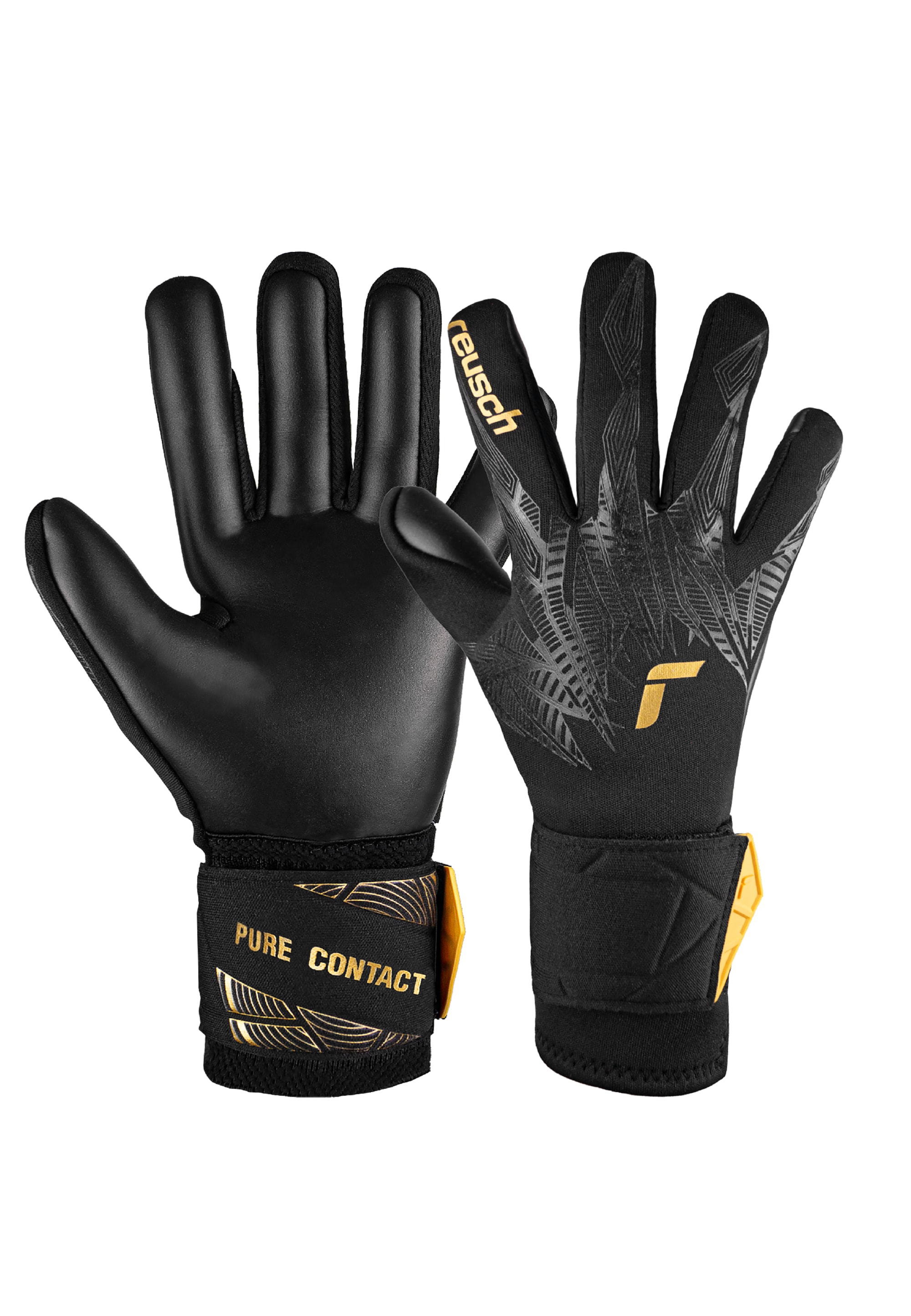 Torwarthandschuhe REUSCH "Pure Contact Infinity Junior", Kinder, Gr. 7, gold (schwarz, goldfarben), 48% Elastodien, 45% Polyester, 7% Polyamid, mehrfarbig, Handschuhe, mit Hybrid Negative Cut