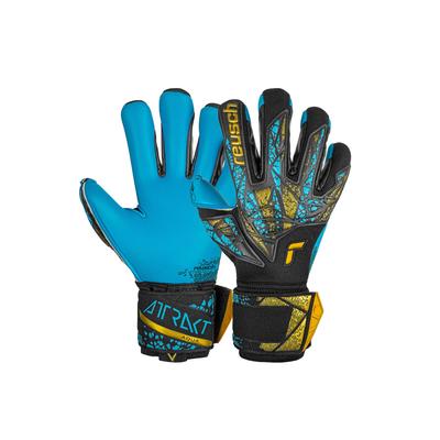 Torwarthandschuhe REUSCH "Attrakt Aqua Finger Support", Damen, Gr. 10,5, gold (schwarz, goldfarben), 55% Elastodien, 15% Polyester, 15% Polypropylen, 15% Polyamid, mehrfarbig, sportlich, Handschuhe, mit Evolution Negative Cut