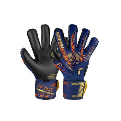 Torwarthandschuhe REUSCH "Attrakt Gold X Evolution", Damen, Gr. 10, bunt (goldfarben, blau), 74% Elastodien, 21% Polyester, 5% Polyamid, mehrfarbig, sportlich, Handschuhe, mit Evolution Cut