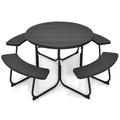 Outdoor Round Picnic Table Bench Set with 4 Benches & Umbrella Hole Black