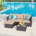 Phi Villa Outdoor 5-piece Rattan Wicker Patio Conversation Set L-Shaped Sectional Sofa Set with Cushion Beige