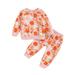 ASFGIMUJ Toddler Girl Fall Outfits 2 Pieces Christmas Winter Long Sleeve Santa Flower Prints Tops Pants Clothes Set Boy Outfits Orange 18 Months-24 Months