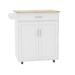 Rolling Kitchen Island with Rubber Wood Top, 33-inch White Storage Trolley Cart with 1 Drawer, Adjustable Shelves & Towel Rack