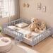 Full Size Floor Platform Bed with Fence and Door for Kids, Montessori Floor Bed Frame, Wooden Floor Bed