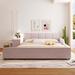 Latitude Run® Queen Size Grounded Bed, Mother & Child Bed w/ Bedside Desk & Little Round Stool Upholstered/Velvet in Pink | Wayfair