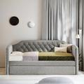 Red Barrel Studio® Keillen Daybed w/ Trundle, Button Tufting & Silver Nail Head Trim Upholstered/Linen in Gray | 35 H x 41 W x 79.8 D in | Wayfair