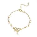 Gold Sweet Crystal Bow Charm Pearl Beaded Bracelet Jewelry For Girls Gift E5S7