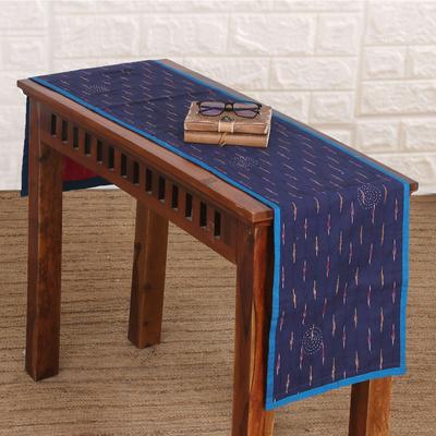 Ikat Glory,'Embroidered Reversible Cotton Table Runner in Blue and Red'