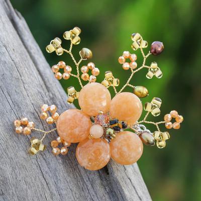 'Flower-Shaped Orange Cultured Pearl and Quartz Brooch Pin'