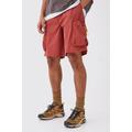 Mens Orange Relaxed Fit Nylon Cargo Shorts, Orange