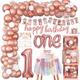 First Birthday Decorations for Girl Baby 1st Birthday Decoraions One Year Old Party Supplies Includes Rose Gold One Balloons Boxes,Newborn Photo Banner, Balloons, Crown, Cake Topper, Poster