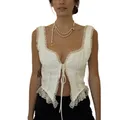 Women Floral Lace Vest Tops Sleeveless Low-Cut Tie-Up Chest Vintage Summer Camisole Tank Tops