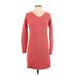 Ann Taylor Casual Dress - Sweater Dress V Neck Long sleeves: Pink Solid Dresses - Women's Size X-Small Petite