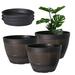 VECELO 3 Pack 9 inch Plant Pots Whiskey Barrel Planters with Drainage Holes & Saucer Plastic Imitation Wine Barrel Decoration Flower Pots for Indoor & Outdoor Garden Home Plants Brown