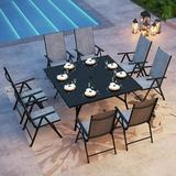 VILLA 7 PCs Outdoor Patio Dining Set 6 Adjustable Folding Reclining Sling Chair with Armrest & 1 Rectangle Patio Dining Table with 1.57 Umbrella Hole (Black)