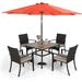 & William Outdoor 6 Pieces Dining Set with 4 Rattan Chairs 1 Wood-Like Metal Table and 1 10ft 3 Tier Auto-tilt Umbrella(No Base) Red Modern Patio Furniture for Poolside Porch Pati