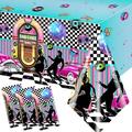 Rock and Roll 1950s Party Tablecloth Set - 3Pcs | 50s Theme Decorations with Plastic Tablecloth and Napkins | Perfect for Soda Shop and Retro Parties - Quantity 143pcs |