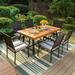 & William 6 Pieces Patio Dining Set for 6 4 PE Rattan Chairs and 1 Rectangular Acacia Wood Table and 1 Bench Outside Table and Chairs with Cushions Outdoor Furniture for Decker Yar