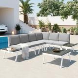 5 Pieces Patio Conversation Set All-Weather Outdoor Patio Aluminum Furniture Sets with End Tables and Coffee Table Modern Garden Sectional Aluminum Sofa Set for Backyard Lawn Whute+Grey