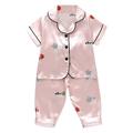 Baby Pajamas Boys Girls Satin Short Sleeve Cartoon Button Down Shirt Tops + Long Pants Silk Outfits Loungewear Set Kids Sleepwear Pink 1 Years-2 Years