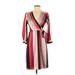 Bar III Casual Dress - Wrap V Neck 3/4 sleeves: Red Stripes Dresses - Women's Size X-Small