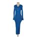 Shein Casual Dress - Sweater Dress V-Neck Long sleeves: Blue Solid Dresses - Women's Size Small