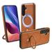 SaniMore for Samsung Galaxy S24 Case PU Leather Wear-resistant Magnetic Car Mount 360Â° Rotating Ring Bracket Compatible with MagSafe [Wireless Charging] Shockproof Anti-fall Stand Shell Brown