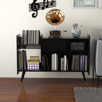 48 "W Record Player Holder, Two-Layer Record Holder, Black Sliding Door Audio Holder