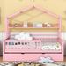Wooden Full Size House Bed with Twin Size Trundle,Kids Bed with Shelf, Pink