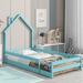 Twin Size Wood Kids Bed, Floor Bed with House-shaped Headboard and Guardrails, Multiple Colors to Choose From