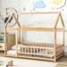 Twin Size Natural Wooden Floor Bed with House Roof Frame and Fence Guardrails - Premium Pine Wood Construction for Sturdiness