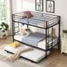 Contemporary Black Metal Twin over Twin Bunk Bed with Trundle, Sturdy Guard Rail, 2 Side Ladders, Can Convert Into Two Beds