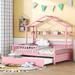 Wooden Full Size House Bed, Kids Bed, with Trundle, with Multiple Storage Racks and Safety Barriers, Supported By Wooden Boards