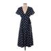 Slate & Willow Casual Dress - Midi Plunge Short sleeves: Blue Polka Dots Dresses - Women's Size Small