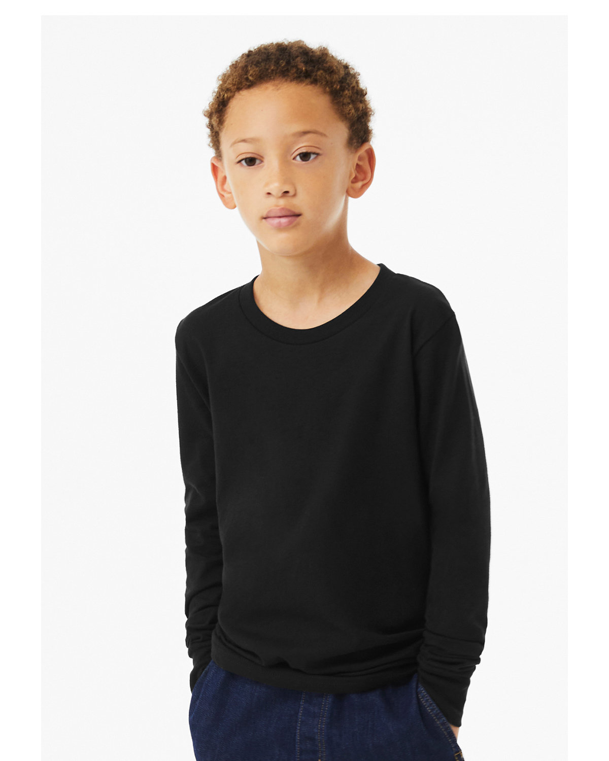 Bella + Canvas 3501YCV Youth Heather CVC Long-Sleeve T-Shirt in Solid Black Blend size Small | 52% airlume combed,ringspun cotton, 48% polyester 3501YCVC