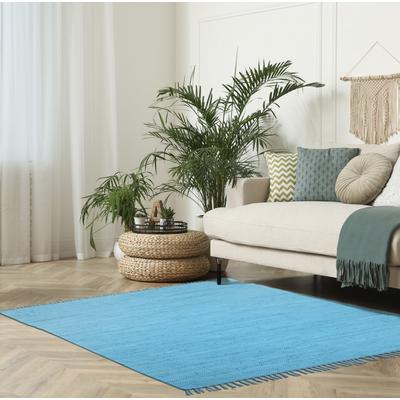 Teppich MY HOME "Cadis", blau (türkis), B:90cm H:5mm L:160cm, Baumwolle, Teppiche, Fransenteppich, Wendeteppich, mit Fransen, Uni Farben, handgewebt, reine Baumwolle Image