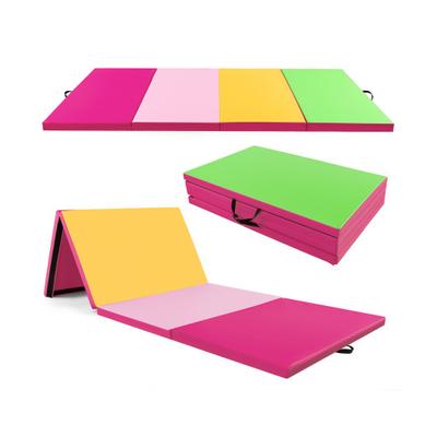 Costway 4-Panel PU Leather Folding Exercise Mat with Carrying Handles-Green