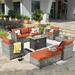 HOOOWOOO 10 Pieces Outdoor Conversation Set Wicker Patio Furniture Set with Fire Pit Table Orange