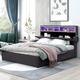 Queen Bed With Storage Headboard LED USB Charging And 2 Drawers Linen Fabric Upholstered Platform Bed Wood Frame No Box Spring Needed (Queen Size Dark Gray)