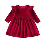 WREESH Toddler Baby Girls Cotton Dress Long Sleeve Ruffle Dress Kids Solid Color Pleated Dresses Round-Neck Fleece Dresses Casual Clothes Fall Outfits Red