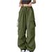 Clearance RYRJJ Parachute Pants for Women Y2K Baggy Cargo Pants Multi-Pockets Drawstring Elastic High Rise Pants Teen Girls Wide Leg Joggers Trousers Streetwear(Army Green M)