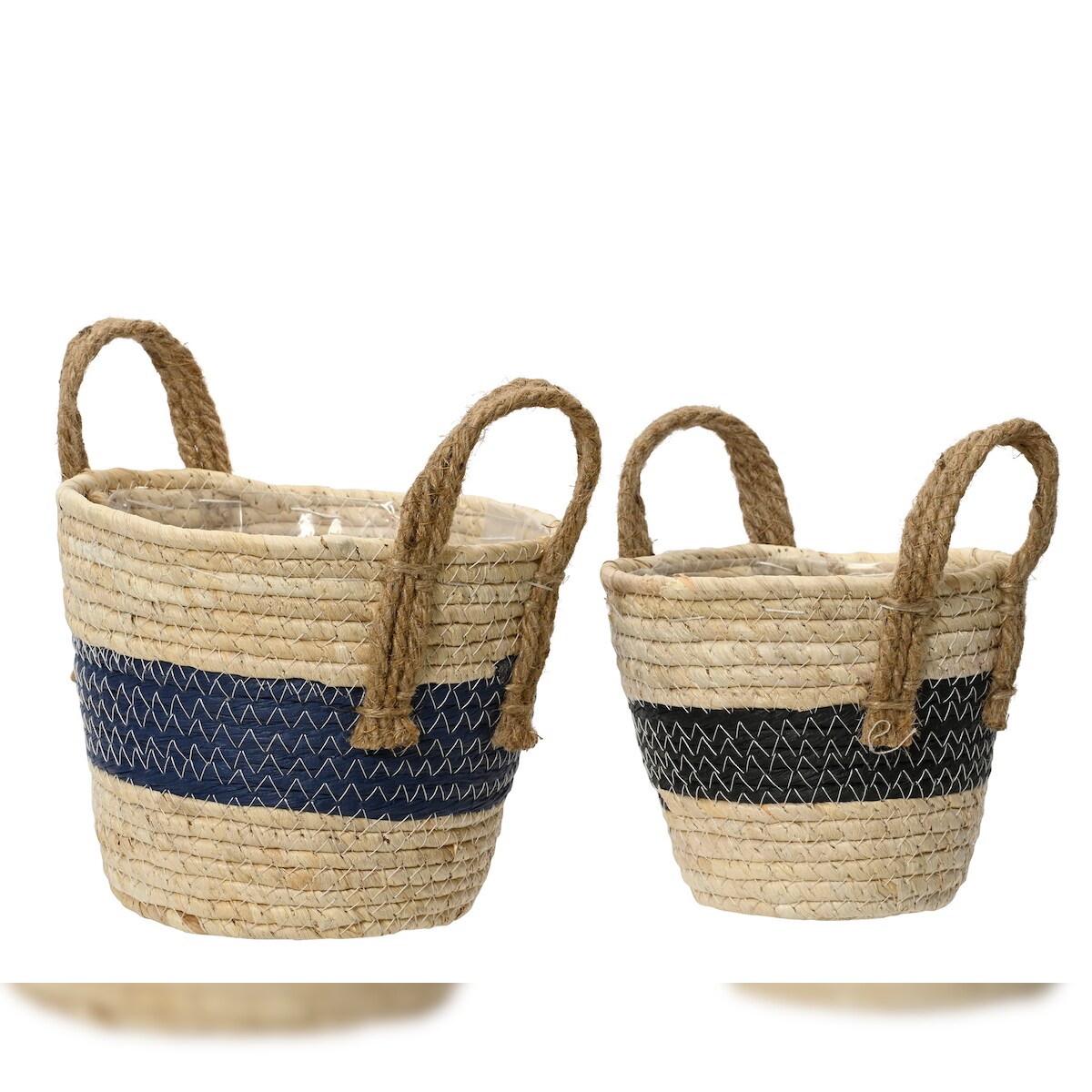 KSD 2 Blumentöpfe geflochten 14-17cm - Übertopf Blumen Pflanzen Korb Henkel Flechtkorb Aufbewahrung Blumenkorb Pflanzenkorb Indoor Deko Natur Blau Schwarz Image