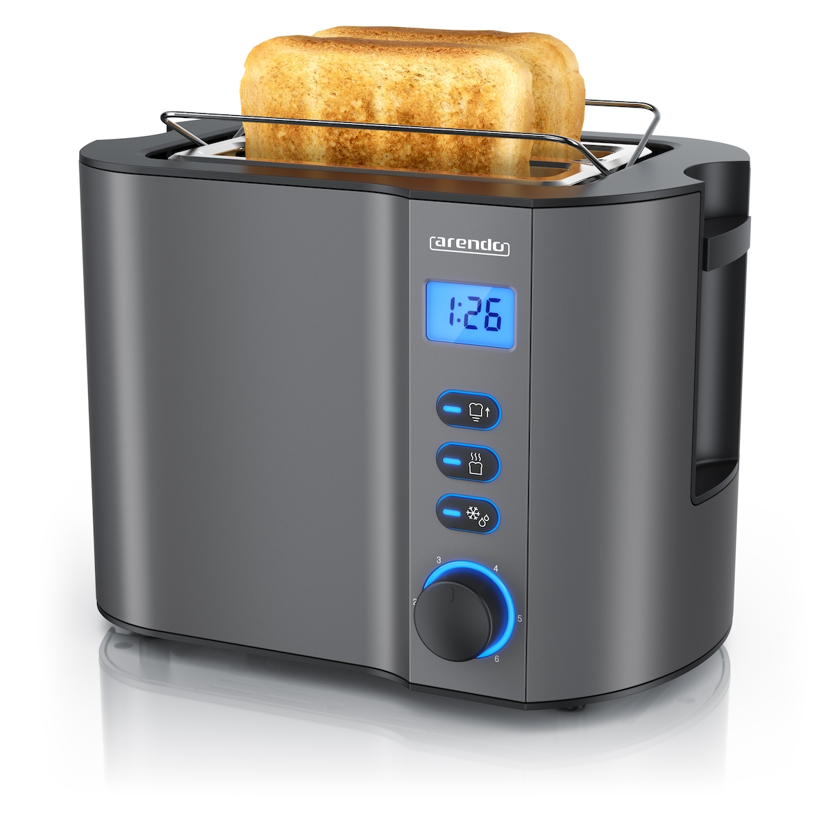 Arendo MANHA Toaster mit Restzeitanzeige, 2 Toastschlitze, integrierter Brötchenaufsatz, 6 Stufen, Auftaufunktion, 800W, Grau Image